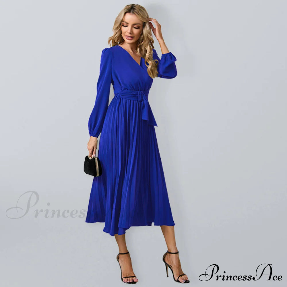 Full-Length Folded Belt Neck Long Waist Women’s At Gown And V With Faux-Wrap Sleeves Blue / S