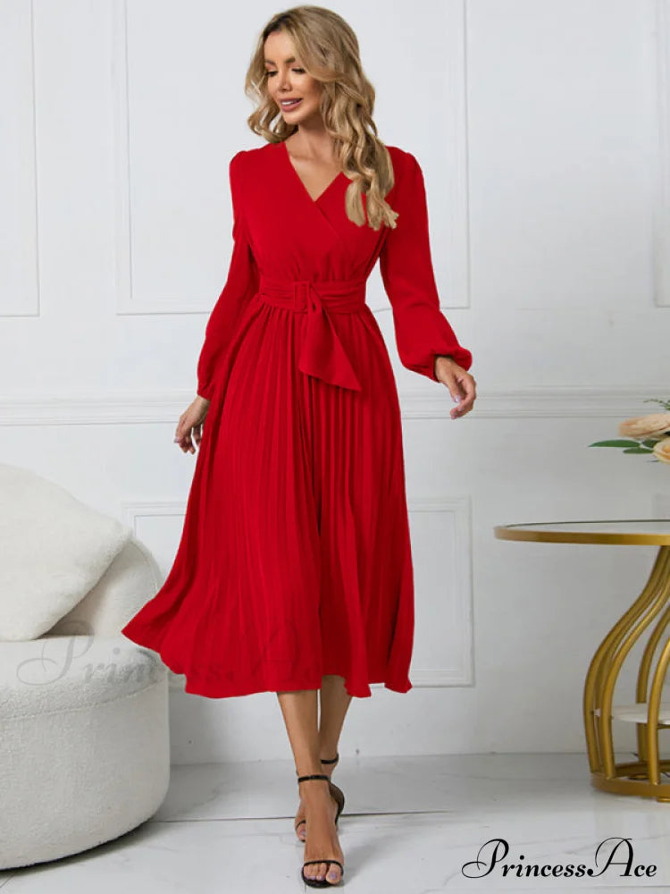 Full-Length Folded Belt Neck Long Waist Women’s At Gown And V With Faux-Wrap Sleeves Red / S Coats-L