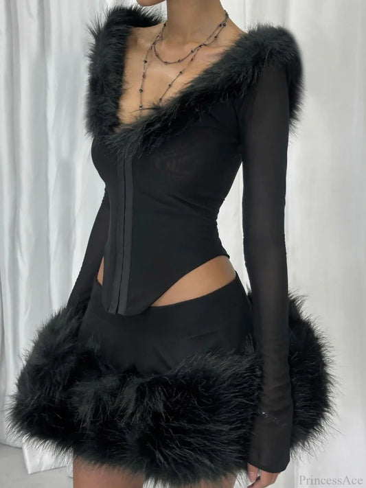 Fur Collar V-neck Knit Top