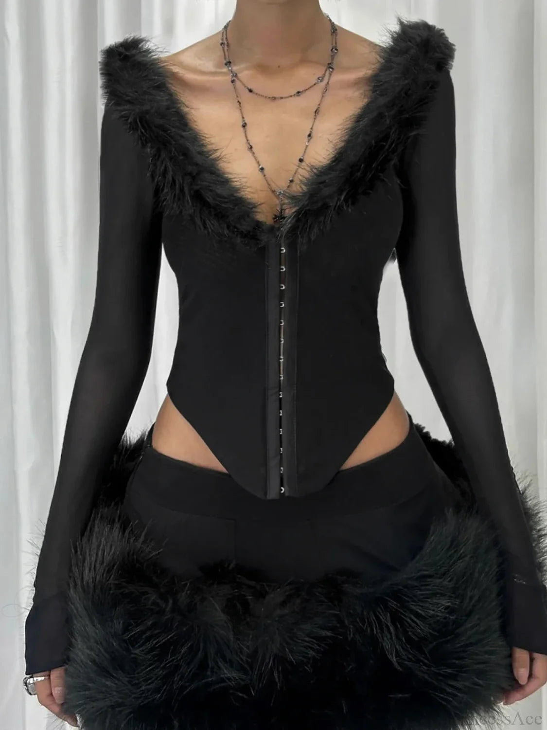 Fur Collar V-neck Knit Top Black / S