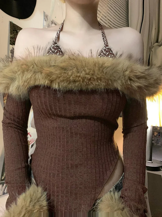 Fur Halter Knit Top