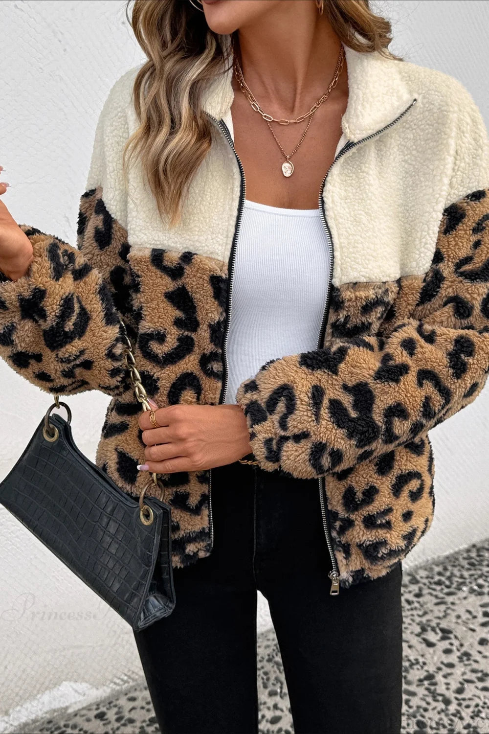Furry Leopard Warm Turn-Down Collar Coat Leopard print / S