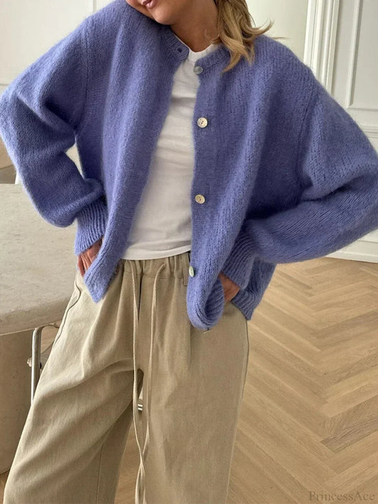 Fuzzy Button-Down Long Sleeve Knit Cardigan blue / S