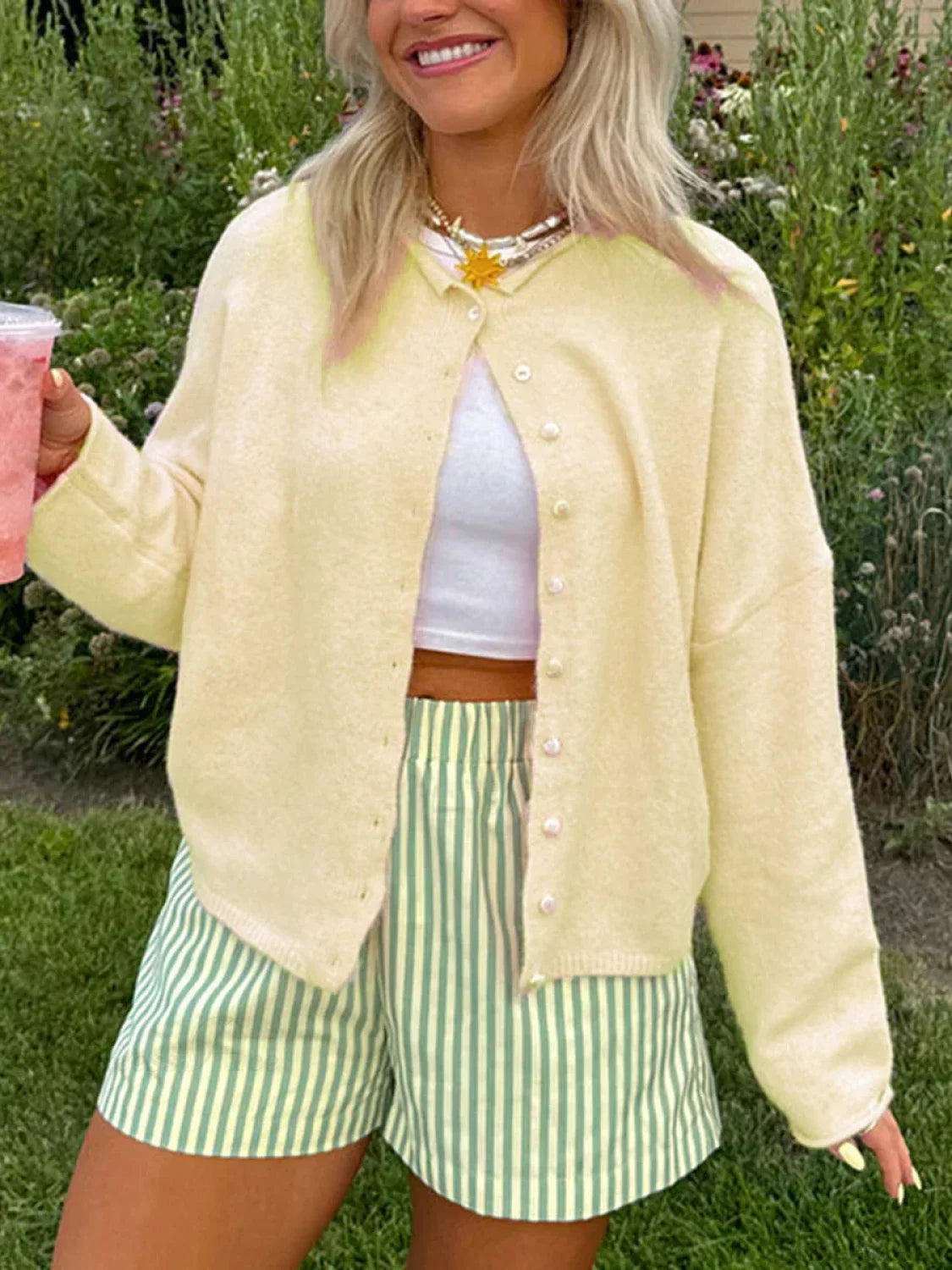 Fuzzy Button-Front Long Sleeve Knit Cardigan Beige / S