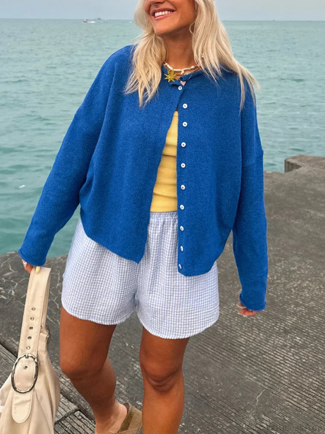 Fuzzy Button-Front Long Sleeve Knit Cardigan Blue / S