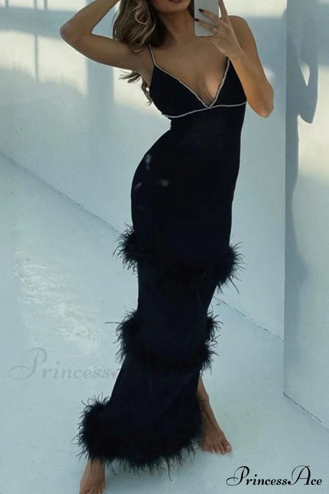 Fuzzy Tiered Cami Dress With Rhinestones Black / L Midi Dresses