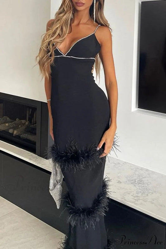 Fuzzy Tiered Cami Dress With Rhinestones Black / S Midi Dresses