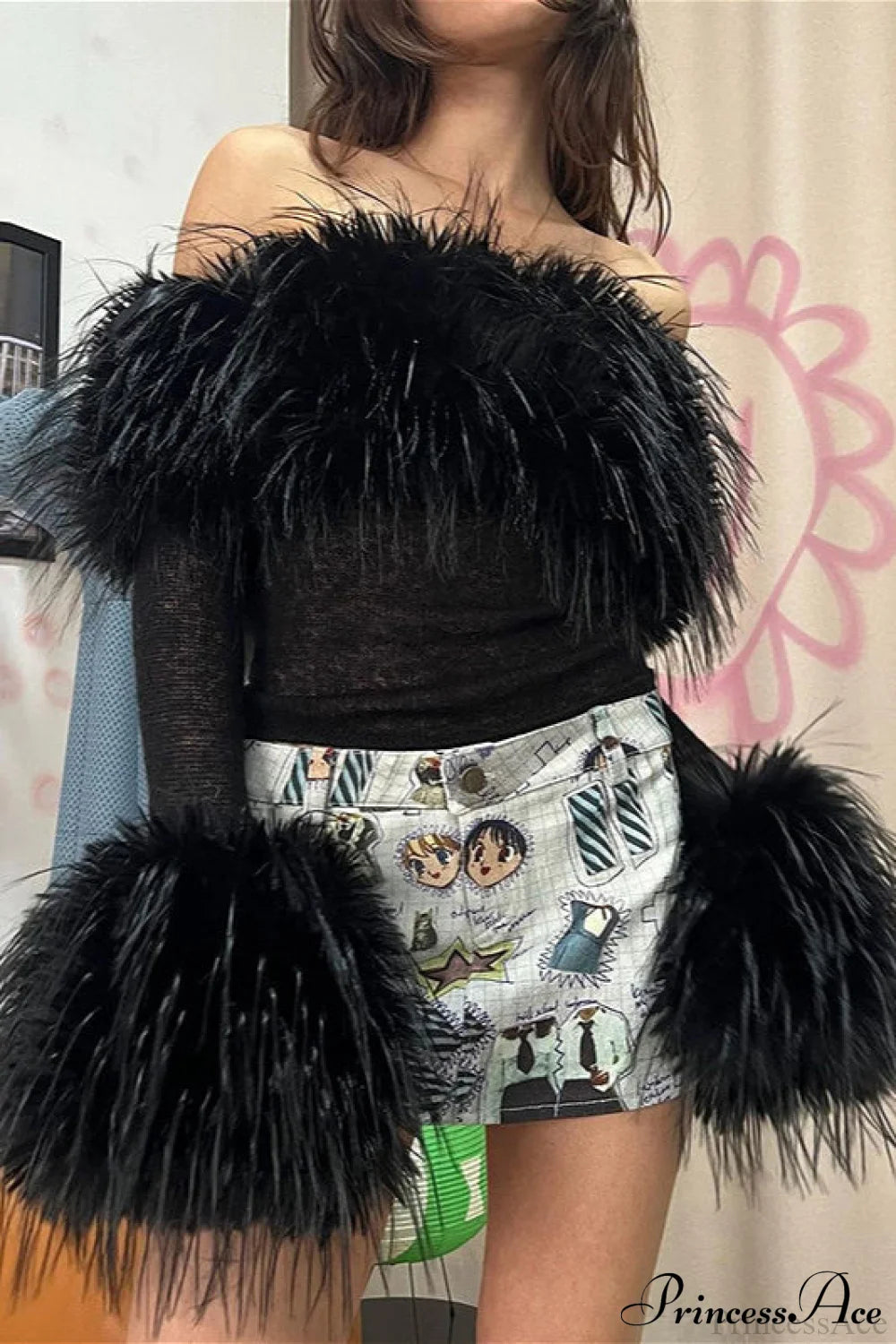 Fuzzy Trimmed Solid Short Long Sleeve Tee Black / S