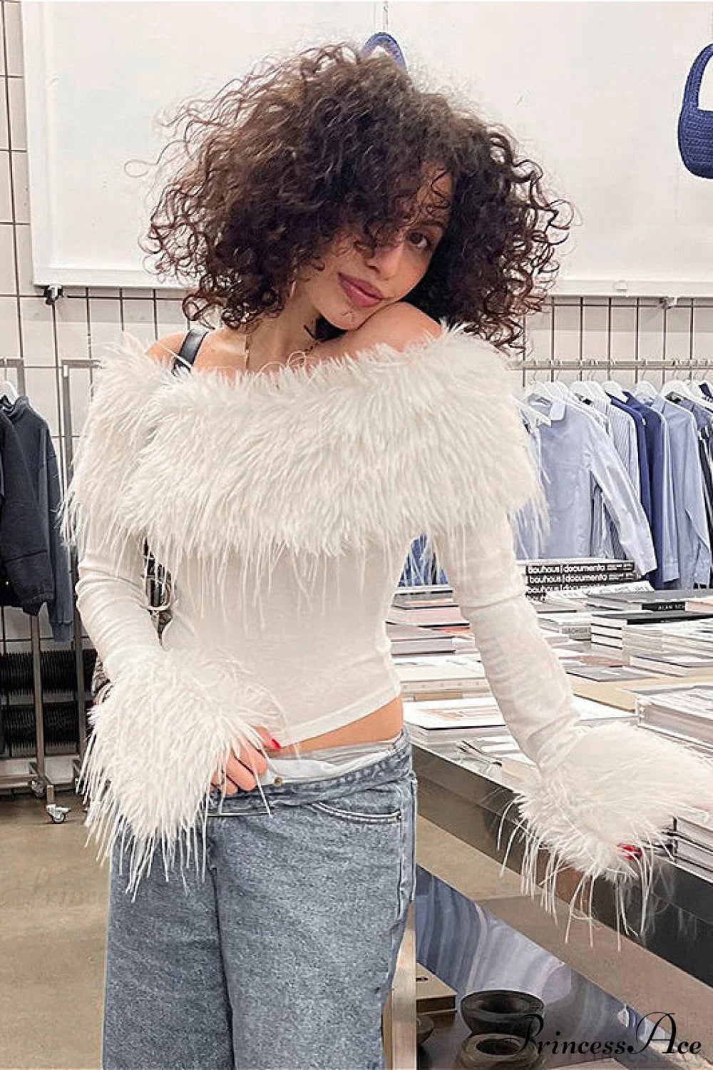 Fuzzy Trimmed Solid Short Long Sleeve Tee White / S