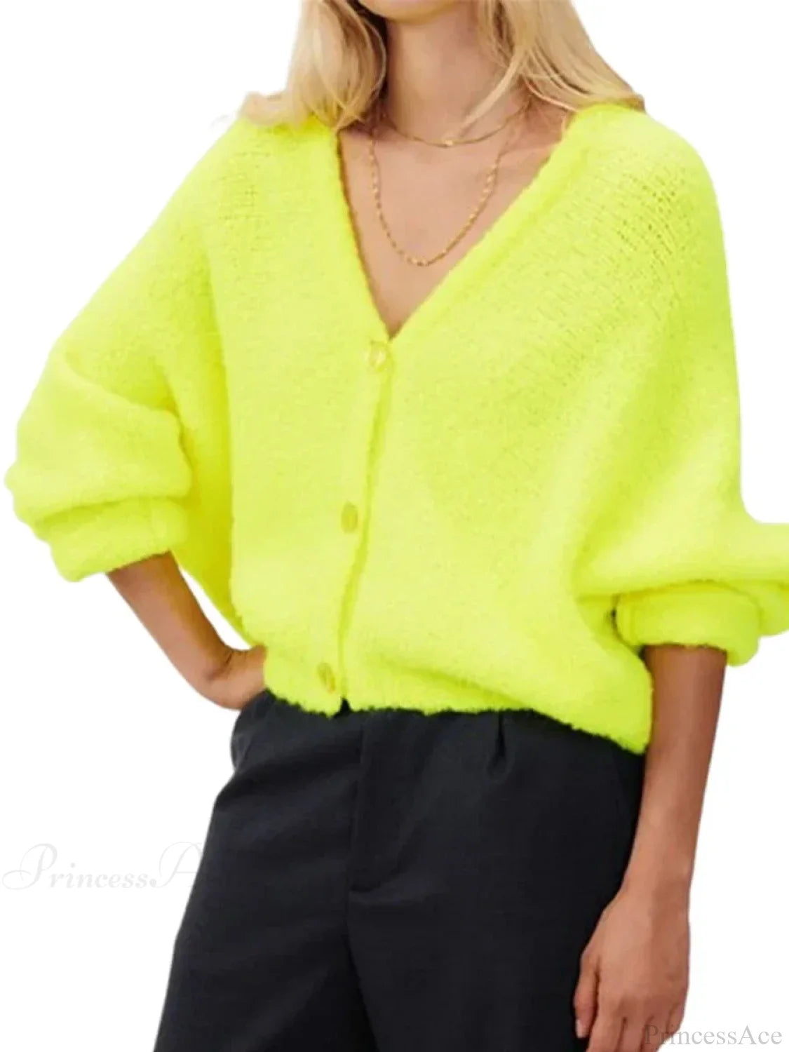 Fuzzy V-neck Button-front Cardigan Yellow / S