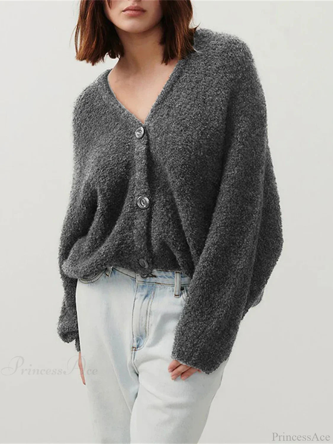 Fuzzy V-Neck Button-Front Knit Cardigan black / S