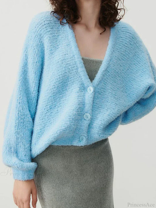 Fuzzy V-Neck Button-Front Knit Cardigan blue / S