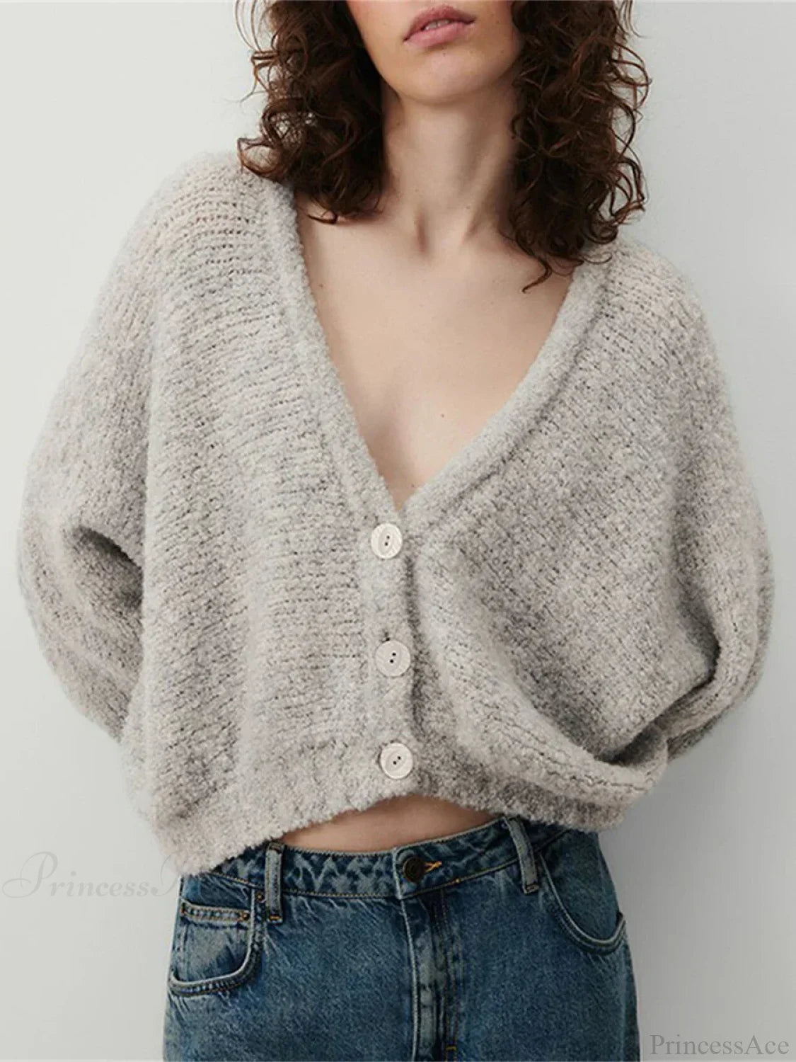 Fuzzy V-Neck Button-Front Knit Cardigan grey / S