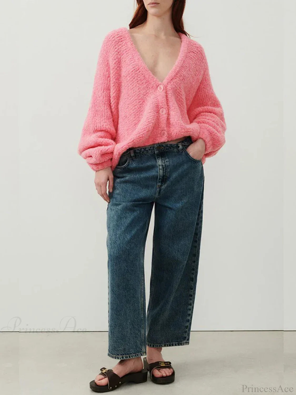 Fuzzy V-Neck Button-Front Knit Cardigan pink / S