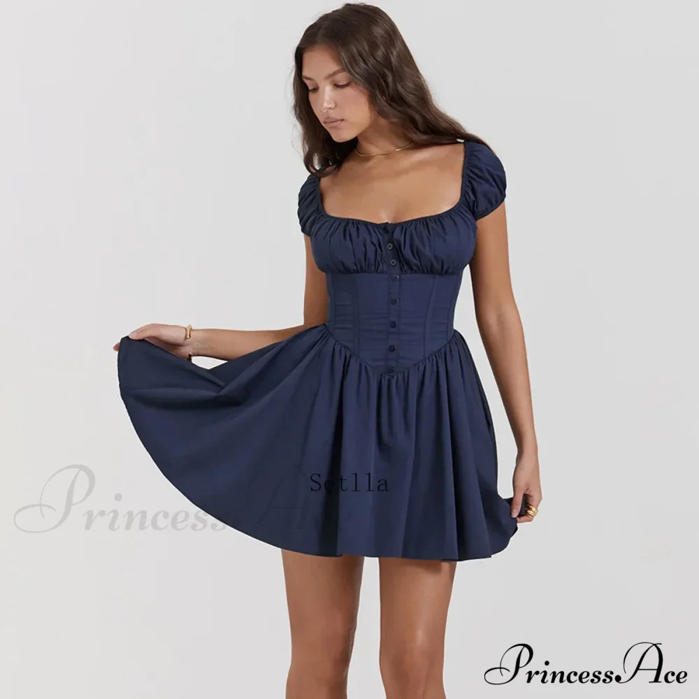 Gathered A-Line Puff Sleeve Birthday Pleated Fairy Corset Gown Mini Dress