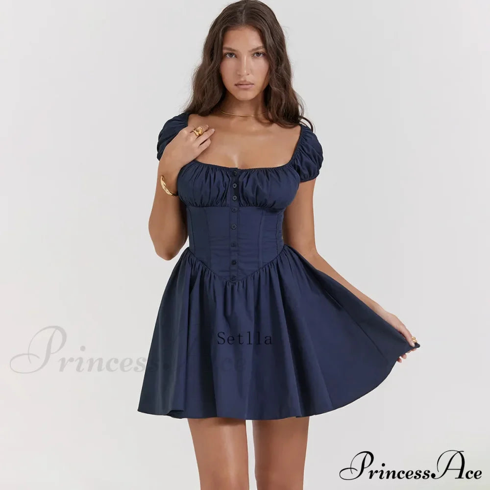 Gathered A-Line Puff Sleeve Birthday Pleated Fairy Corset Gown Mini Dress