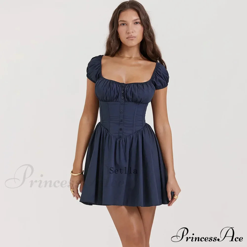 Gathered A-Line Puff Sleeve Birthday Pleated Fairy Corset Gown Mini Dress