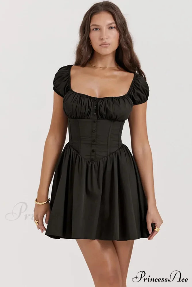 Gathered A-Line Puff Sleeve Birthday Pleated Fairy Corset Gown Mini Dress Black / S