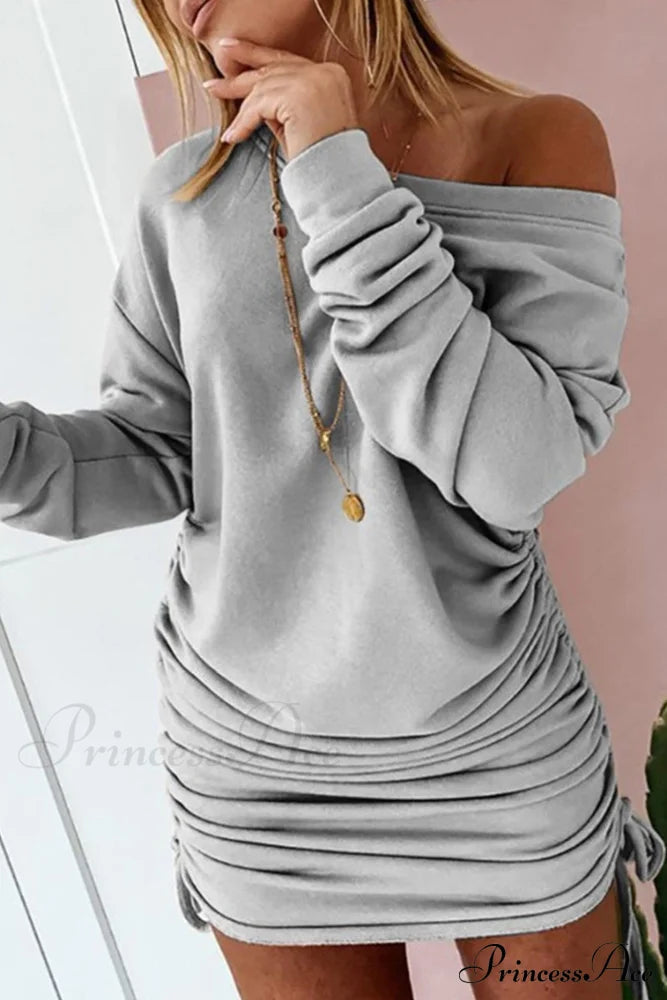 Gathering Dress With Drop Shoulder And Drawstring Grey / S Mini Dresses