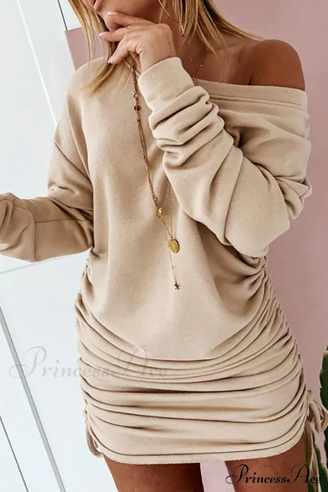 Gathering Dress With Drop Shoulder And Drawstring Khaki / S Mini Dresses