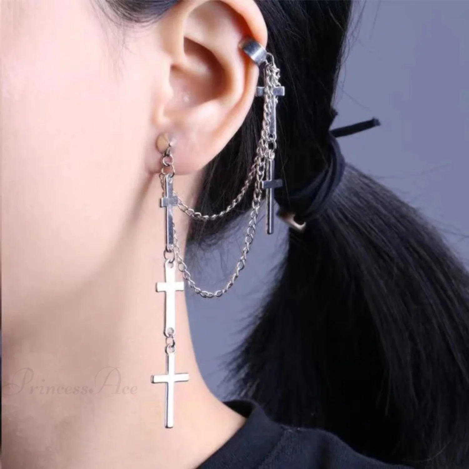 Genderless Punk Cross Fringe Chain Clip Earring
