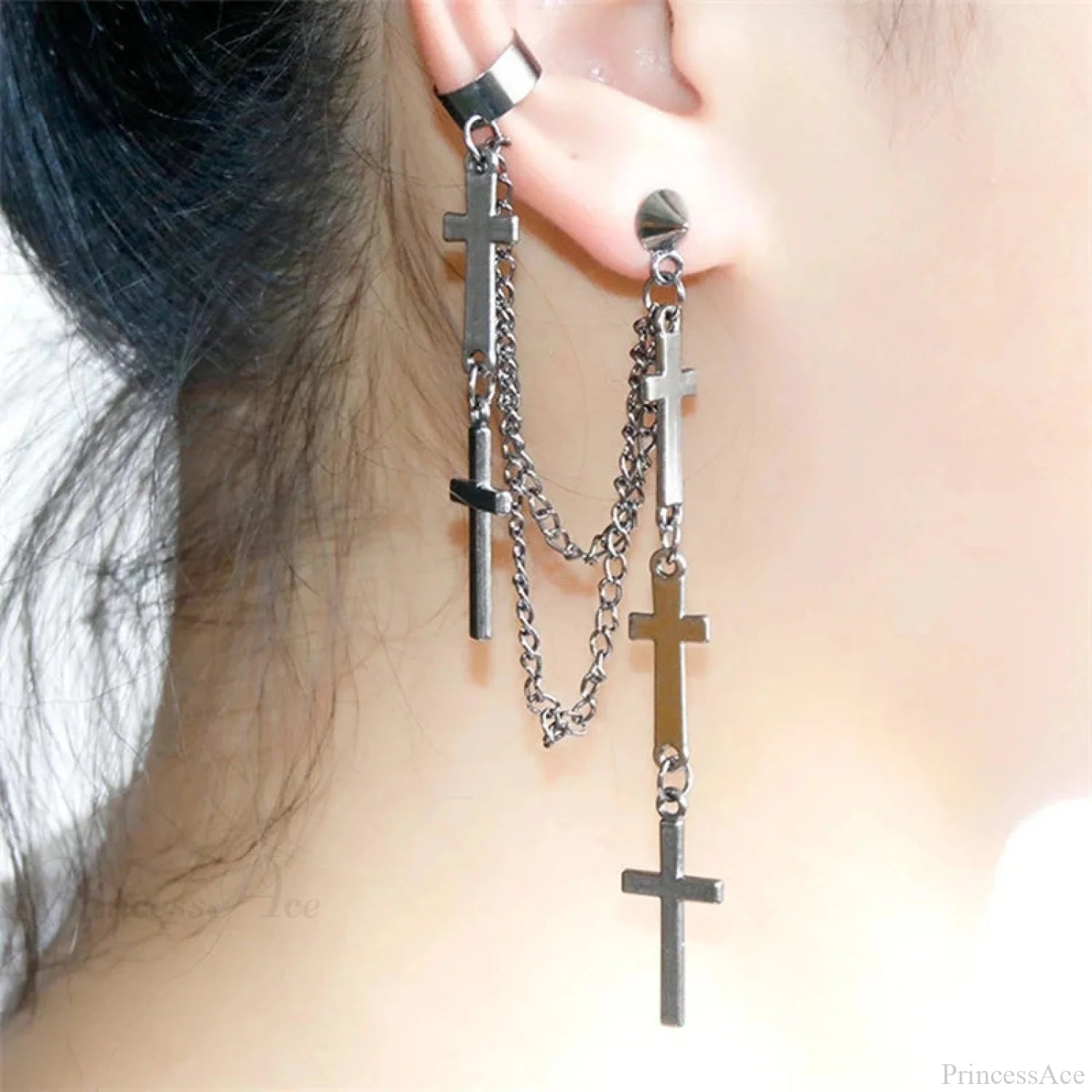 Genderless Punk Cross Fringe Chain Clip Earring color1