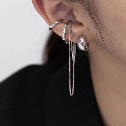 Geometric Fringe Chain Metal Clip Earring silver