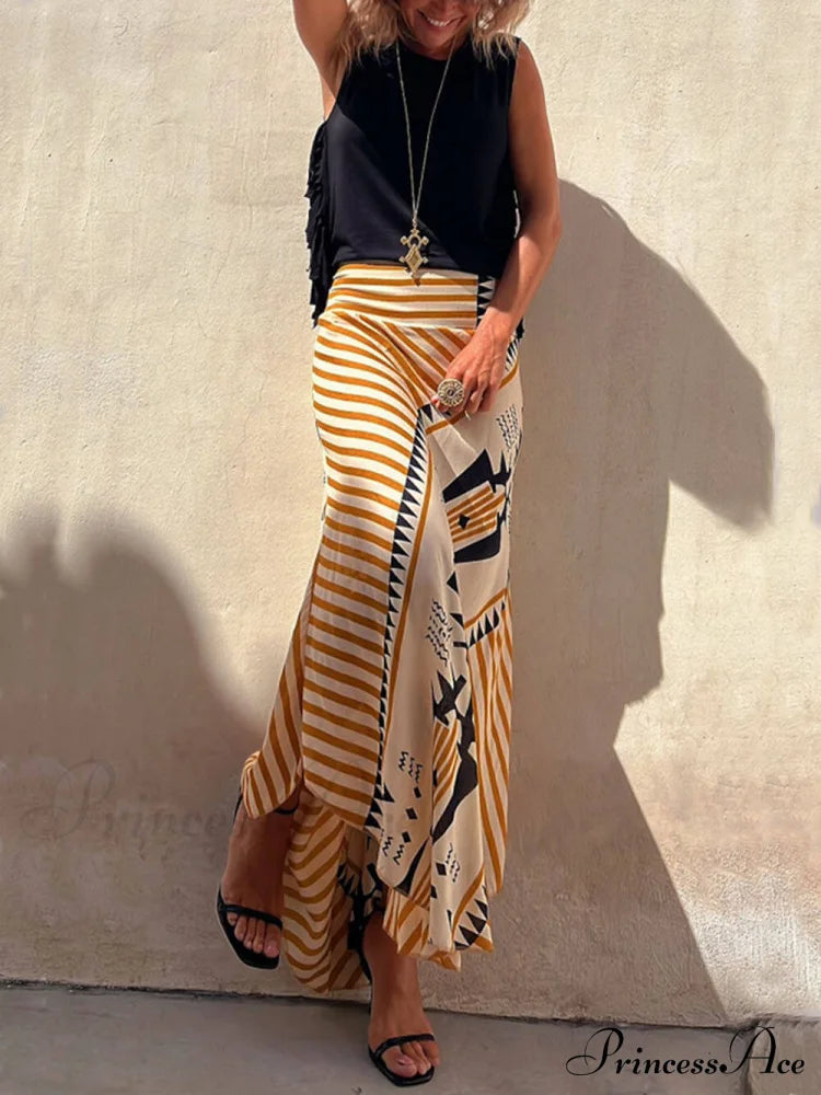 Geometric Print Elastic Charming Waist Maxi Skirt Dresses