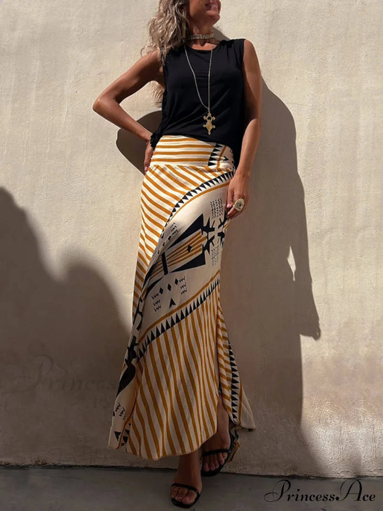 Geometric Print Elastic Charming Waist Maxi Skirt Dresses