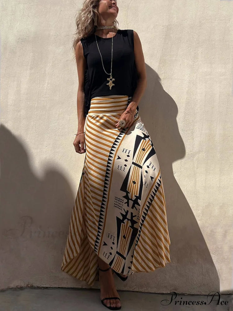 Geometric Print Elastic Charming Waist Maxi Skirt Dresses