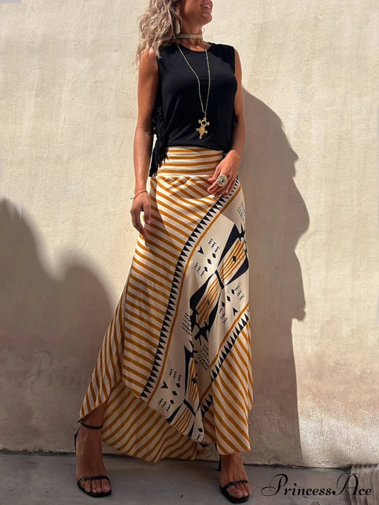 Geometric Print Elastic Charming Waist Maxi Skirt Dresses