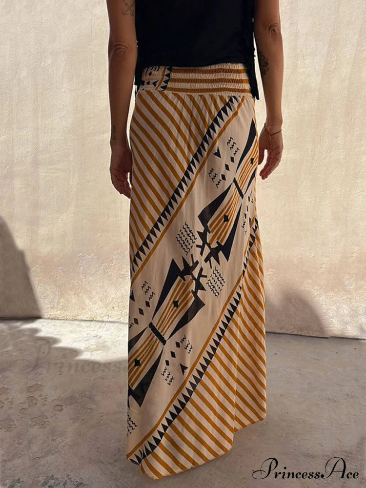 Geometric Print Elastic Charming Waist Maxi Skirt Dresses