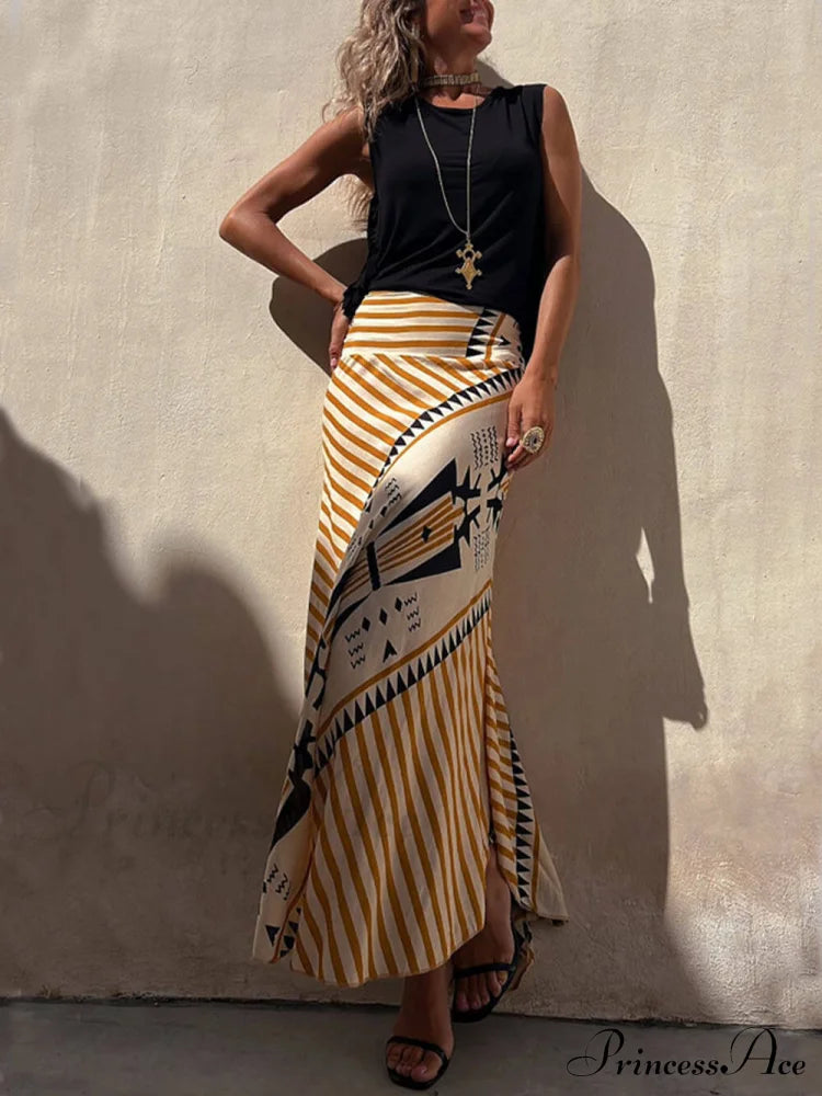 Geometric Print Elastic Charming Waist Maxi Skirt Dresses