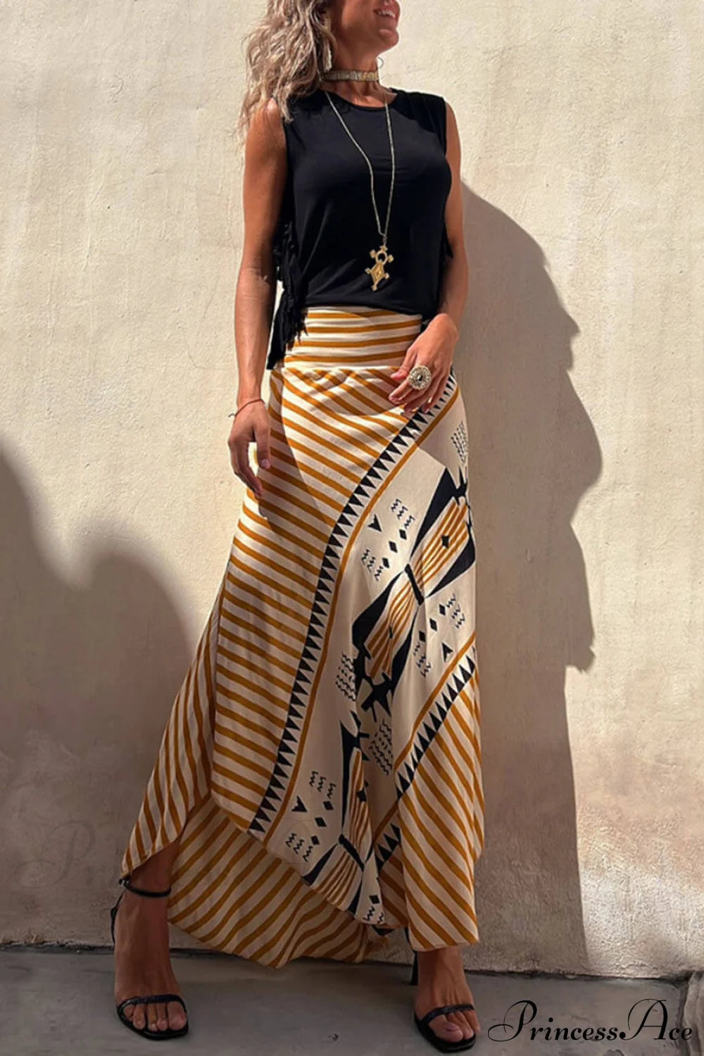Geometric Print Elastic Charming Waist Maxi Skirt Dresses