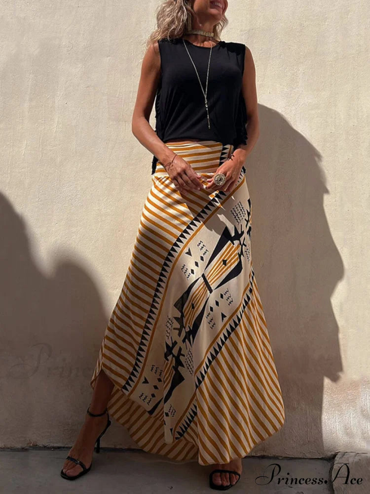 Geometric Print Elastic Charming Waist Maxi Skirt Yellow / S Dresses