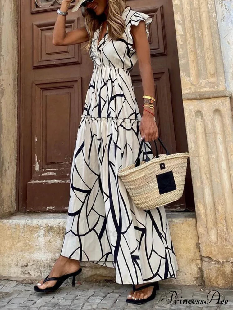 Geometric Print V-Neck Charming Ruffled Hem Maxi Dress White / S Dresses