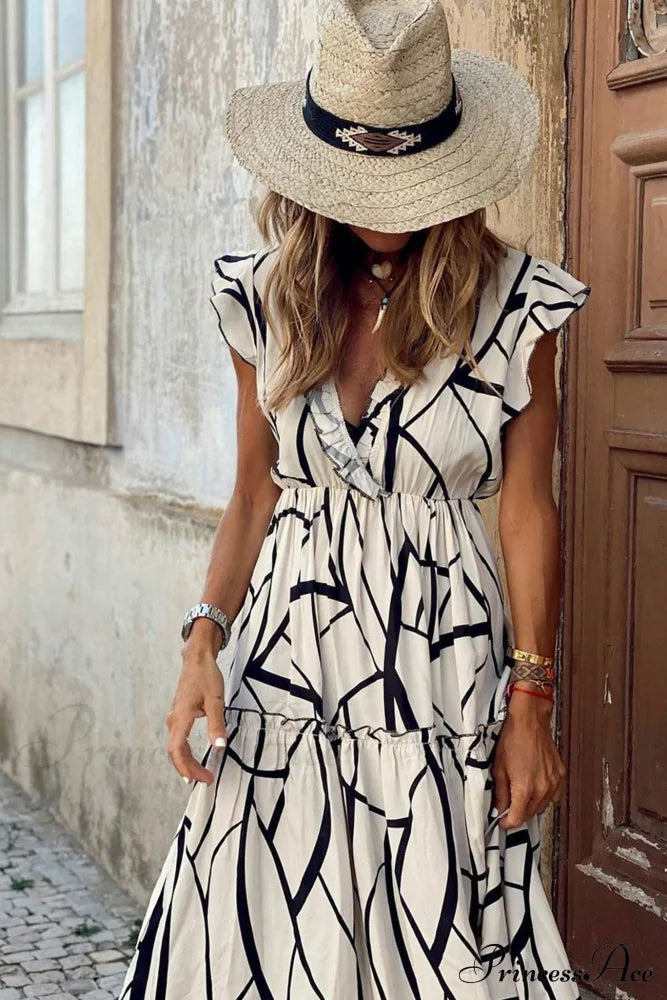 Geometric Print V Neck Ruffle Maxi Dress White / L Dresses