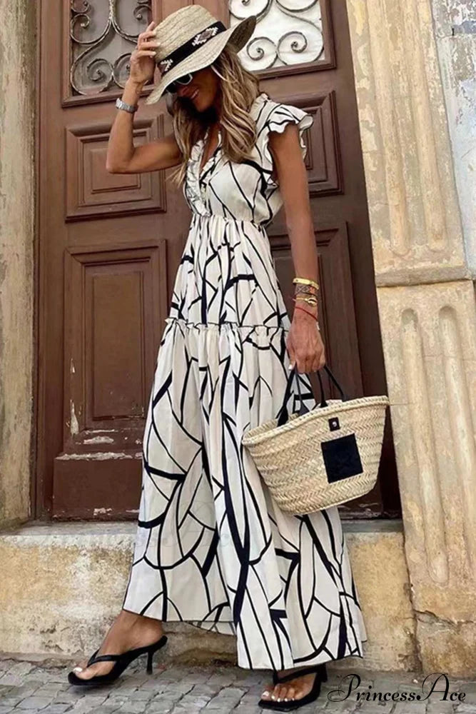 Geometric Print V Neck Ruffle Maxi Dress White / S Dresses