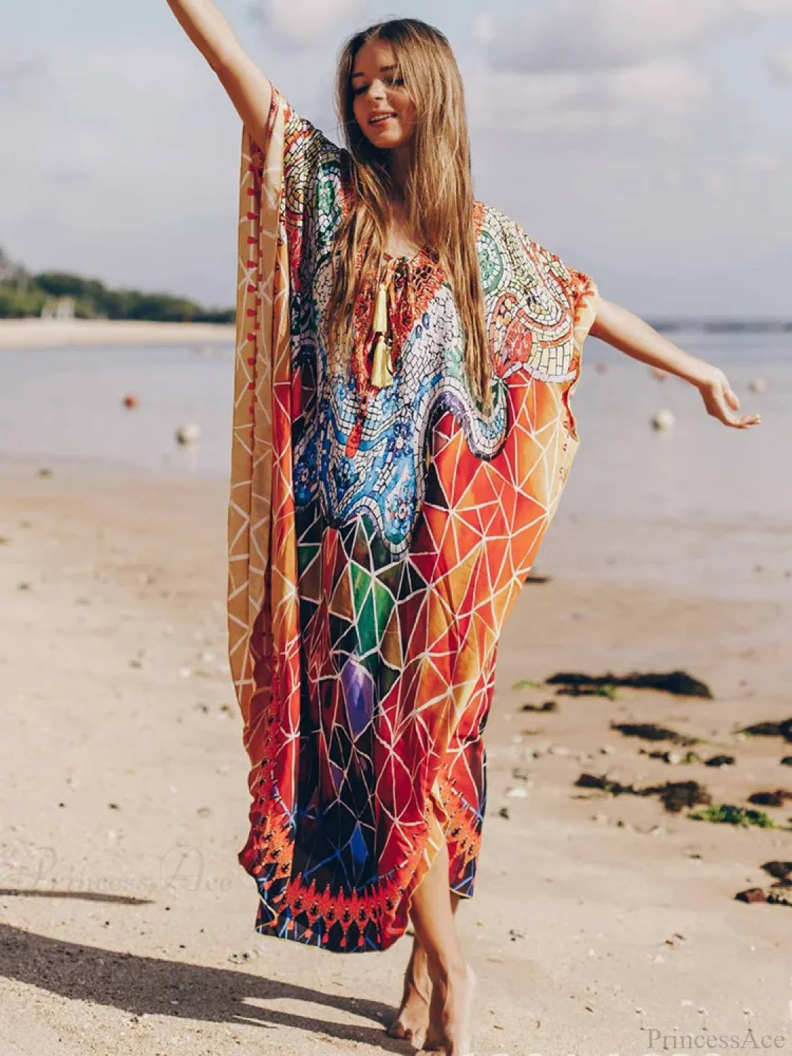 Geometric Printed Lace Up V-Neck Cover Up color / One Size