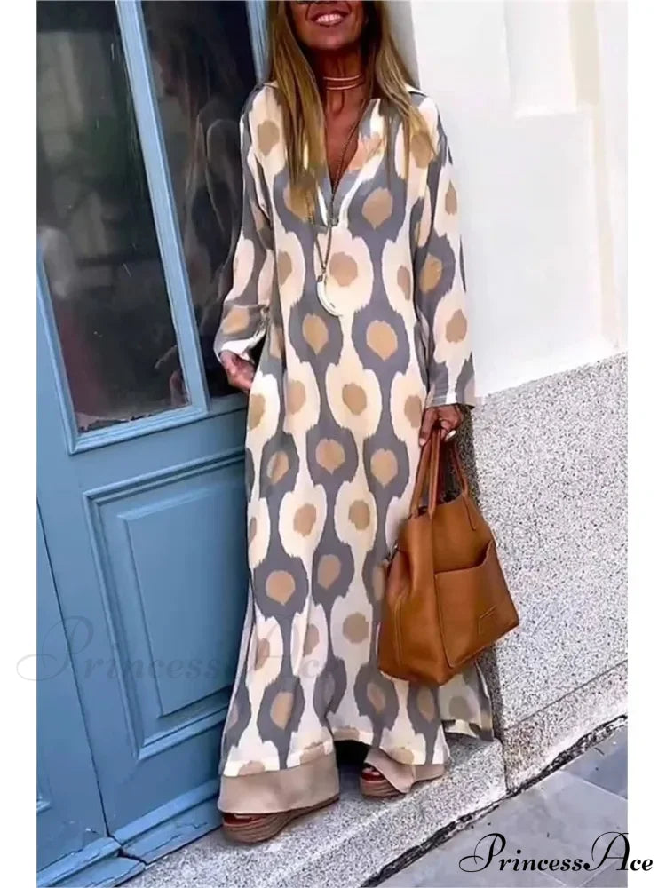 Geometric Printing Split Autumn V Neck Boho Dress