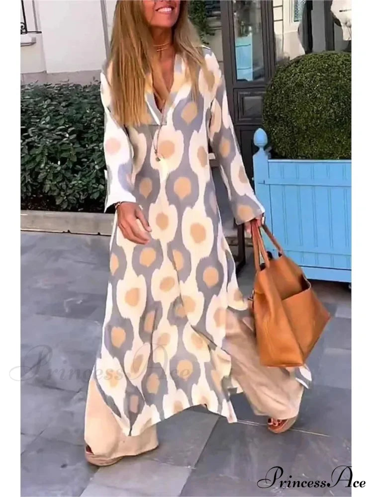 Geometric Printing Split Autumn V Neck Boho Dress