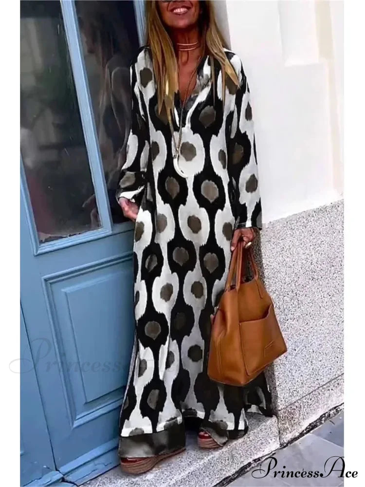 Geometric Printing Split Autumn V Neck Boho Dress