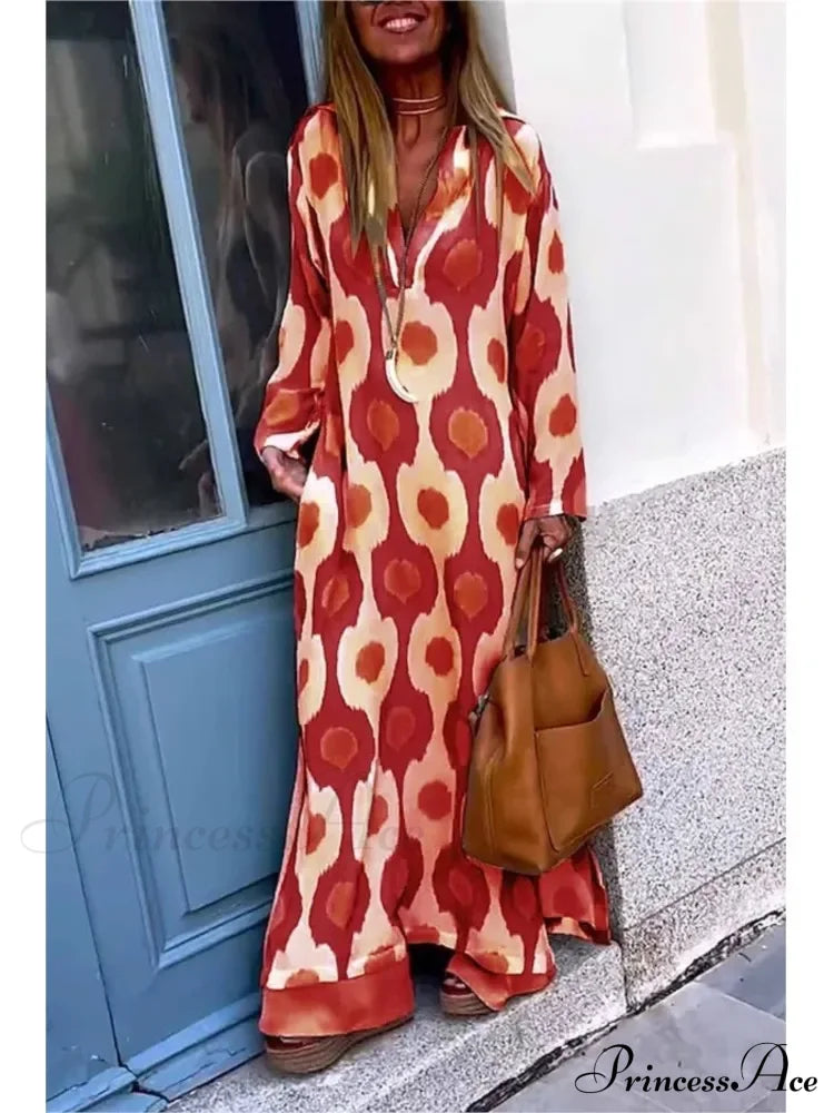 Geometric Printing Split Autumn V Neck Boho Dress