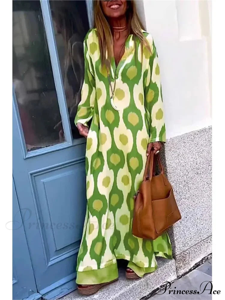 Geometric Printing Split Autumn V Neck Boho Dress