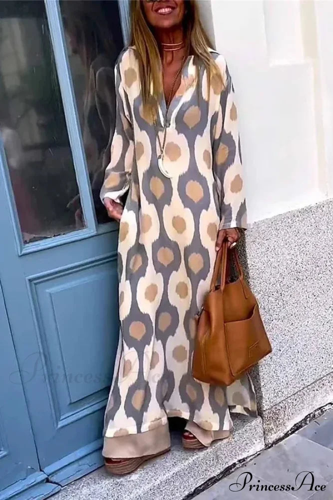 Geometric Printing Split Autumn V Neck Boho Dress Apricot / S