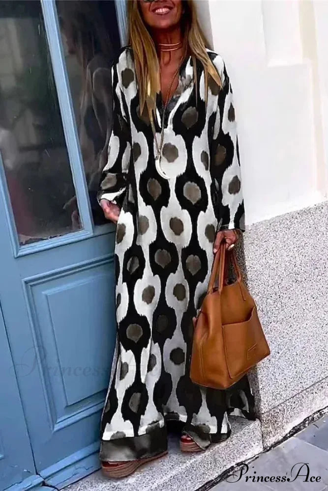 Geometric Printing Split Autumn V Neck Boho Dress Black / S