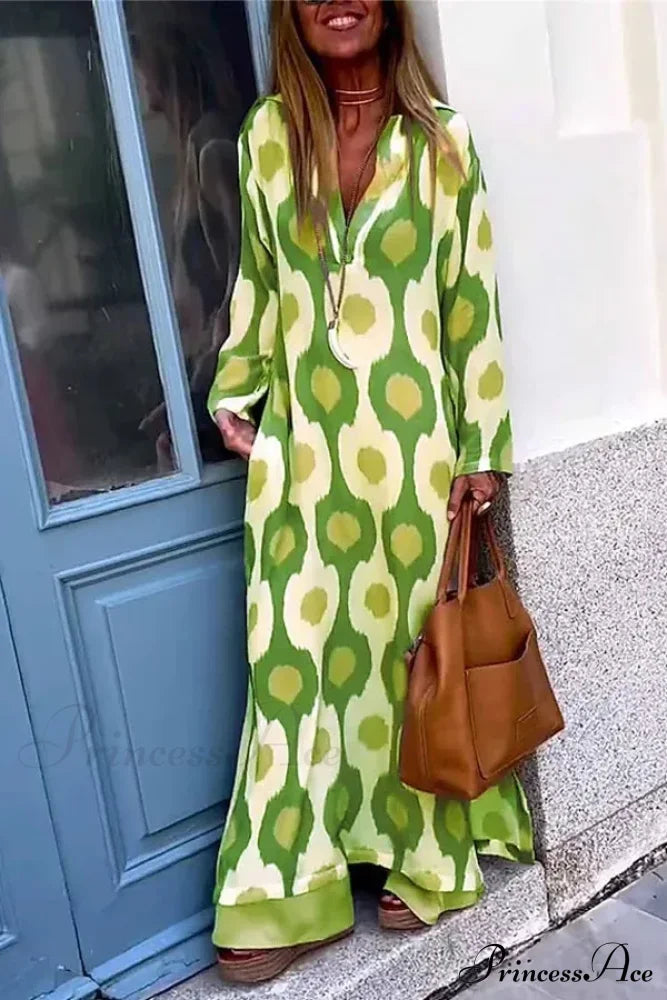 Geometric Printing Split Autumn V Neck Boho Dress Green / S