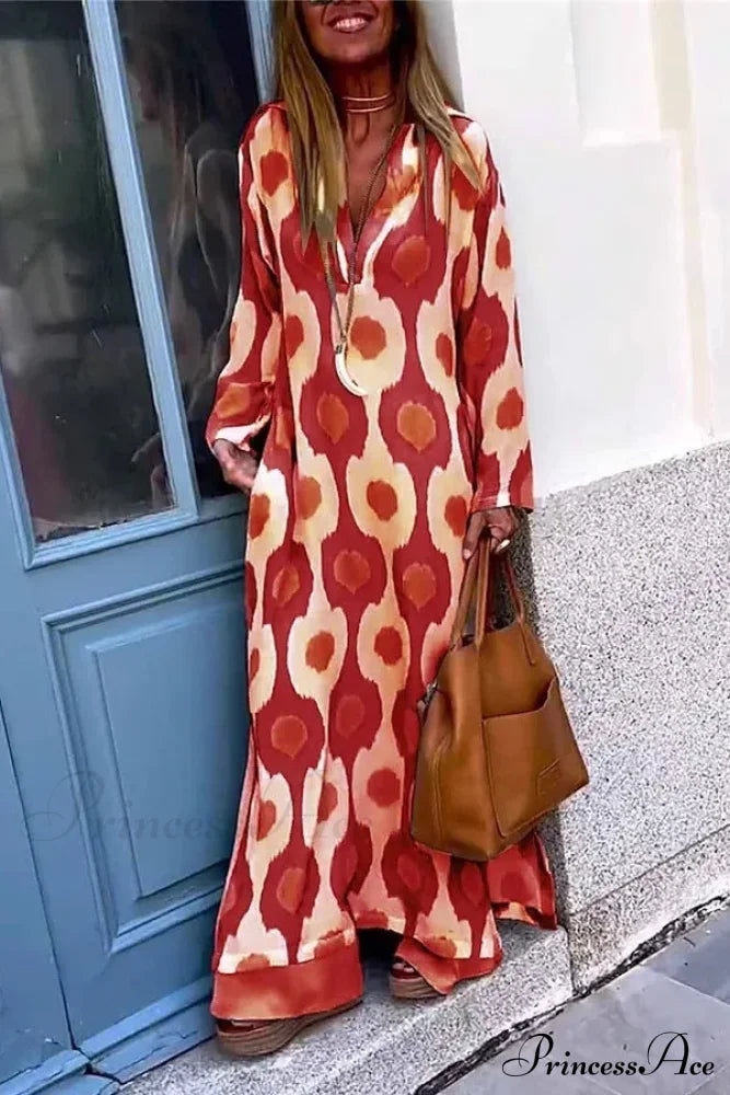 Geometric Printing Split Autumn V Neck Boho Dress Red / S