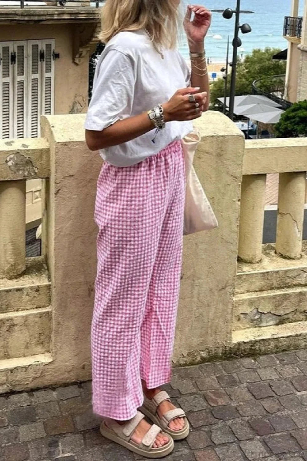 Gingham Print Elastic Waist Drawstring Lounge Pant pant-250223