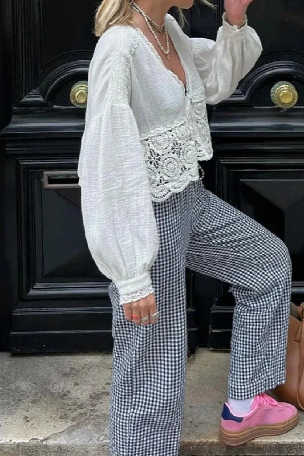 Gingham Print Elastic Waist Drawstring Lounge Pant pant-250223